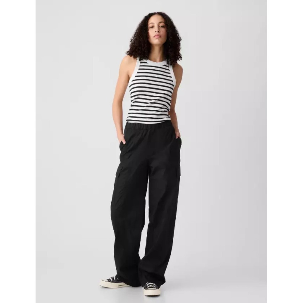 New Gap Pants Large Black Parachute Cargo Pull-On Poplin Baggy Cotton Travel Nwt